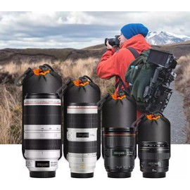 Yangers 4-Pack Camera Lens Pouch Set – Thick 4mm Neoprene with Soft Velvet Lining – Water-Resistant Drawstring Bags with Carabiner & Belt Loop – S/M/L/XL for DSLR & Mirrorless Lenses