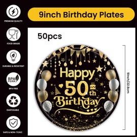 EVYIENEN 50Pcs Black and Gold 50th Birthday Paper Plates,9inch Happy Birthday Disposable Paper Plates Party Decorations for Man Women 50th Party Supplie