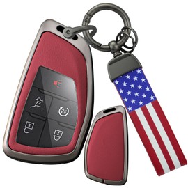 ontto Car Key Fob Cover Fit for Buick for Chevy 2021-2024 Suburban Tahoe GMC Yukon for Buick Encore Avenir Smart Alloy Leather Key holder Shell case keyring keychain protector accessories Red C