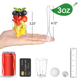 Eupako 3 oz Plastic Dessert Shooter Cups with Spoons, 50 PCS Mini Clear Square Plastic Tumbler Cups, Small Dessert Cups for Jello Shots, Appetizers, Puddings, Mousse, Parfait