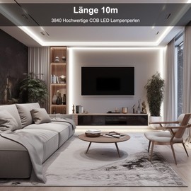 BERIXDEEP COB LED Strip 10 m Cool White, LED Strip Dimmable 24 V with Power Supply and Remote Control, 6000 K, CRI 92+, 8 mm, LED Strip for Bedroom, Living Room, Undermount, TV, Kitchen, DIY