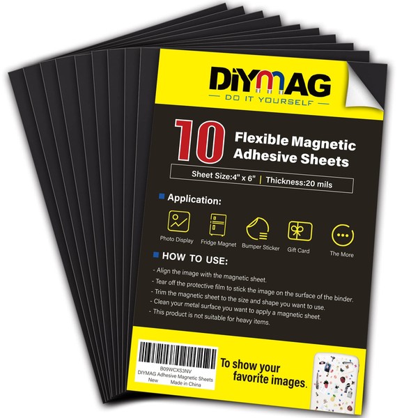 DIYMAG Magnetic Adhesive Sheets, |4" x 6"|, 10 Pack Cuttable, Flexible magnet sheets with adhesive for Crafts, Photos, Easy Peel and Stick