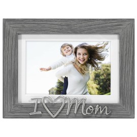 Malden International Designs 4x6 or 5x7 I Love Mom Distressed Expressions Picture Frame Silver Finish I Love Mom Word Attachment Gray Textured Wood Grain Finish MDF Frame White Beveled Mat