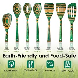 Wooden Spoons for Cooking, 7 Pcs Pakkawood Wooden Kitchen Cooking Spoon Utensil Tools Set Includes Spatula Corner Spoon Rice Paddle Friendly to Non-Stick Cookware by HOWHONG (Green)