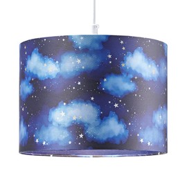 Modern ands Cute Navy Midnight Blue Childrens Round Drum Lamp Shade with Bright Golden Stars and Fluffy White Clouds | 25cm Diameter | 60w Maximum by Happy Homewares