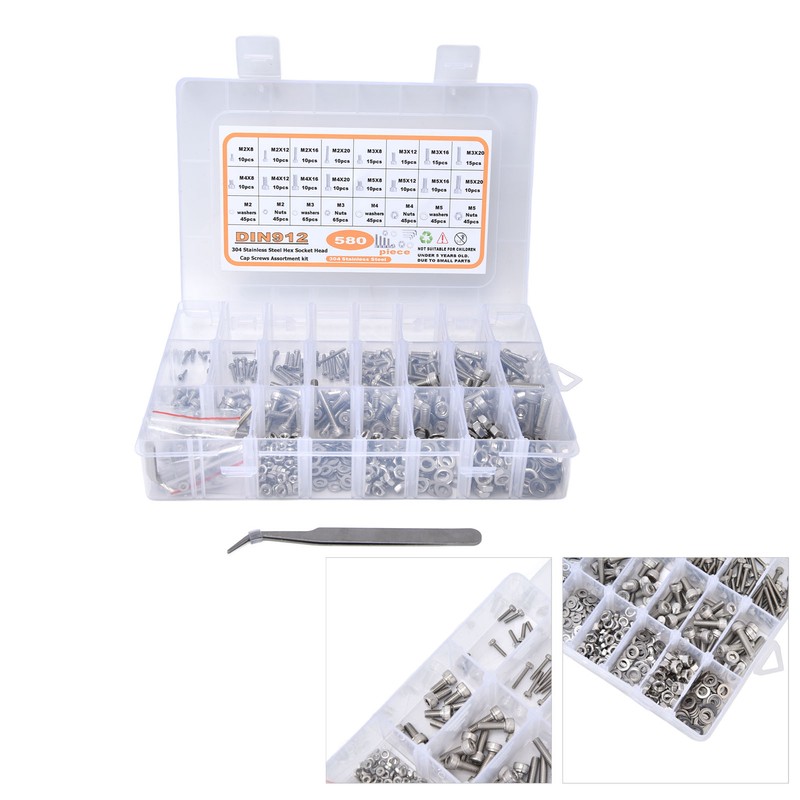 580Pcs Screws Nuts Washers Kit 304 Stainless Steel Cylindrical Head