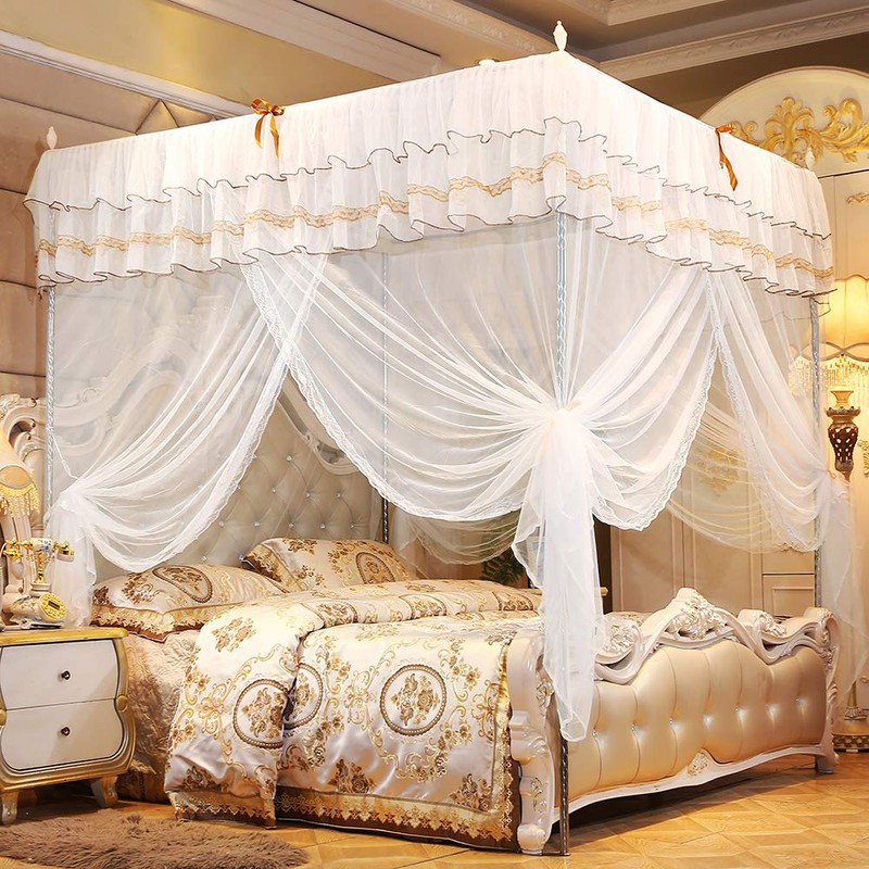 KIMISS Bed Curtain Bed Canopy White Polyester Luxury Princess Four