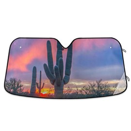 YYZZH Cactus Sunset Arizona Desert Car Windshield Sun Shade Block UV Rays Sun Visor Protector Accordion Folding Sunshade Keep Vehicle Cool&Damage Free, Easy to Use, Fits Windshields of Various Sizes