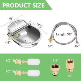 Automatic Livestock Water Bowl with Float Valves, 39’’ Water Hose, 3/4’’ Quick Connector, 304 Stainless Steel Animal Waterer Bowl Kit for Livestock Dog Horse Cow Cattle Goat Farm Supplies