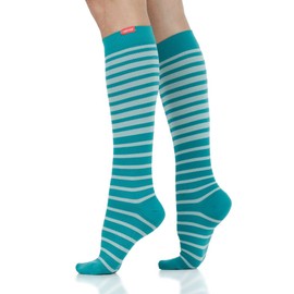 VIM & VIGR Nylon 20-30 mmHg Graduated Compression Socks (Turquoise & Teal Falling Stripe, Small/Medium Wide Calf (4)) (Turquoise & Teal, 4)
