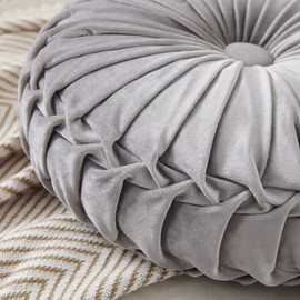 MOJUN Velvet Throw Pillow - Round, Pleated, Filled - Home Decorative Pillow for Couch, Chair, Bed, Car, Floor (Grey, 14inch)