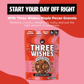 Three Wishes Granola, Maple Pecan (4-Pack) - Gluten Free Granola, 6g Protein & 3g Sugar Healthy Breakfast & On-the-Go Snack - Vegan, Kosher & Grain-Free