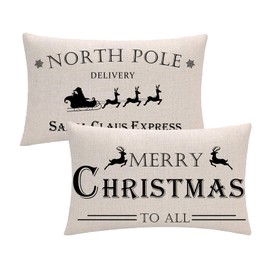 7COLORROOM Set of 2 Merry Christmas Pillow Covers Christmas Deer/North Pole Pattern Rectangular/Waist Cushion Cover Farmhouse Christmas Decor Winter Holiday Pillowcases 12" x 20"