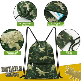 WAWSAM Dinosaur Drawstring Backpack - Drawstring Bags for Boys Kids Swim PE Bag for Beach Swim Swimming Pool School Draw String Bags with Zippered Pocket Waterproof Sports Gym Bag