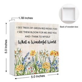 What a Wonderful World Wooden Box Sign Spring,Spring Wood Block Signs,Wooden Spring Plaque Decor for Home Garden Farmhouse Shelf Desk Wall Decor