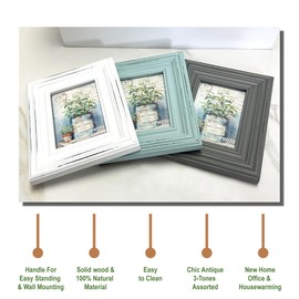 Chic Vintage 3.5x5 Inches Wooden Picture Frame Pack of 3 Farmhouse Aqua Grey White - Rustic Thick Wood High Definition Glass Photo Frame Outside 6.1x7.7 Inches - 2 Ways Display Tabletop or Wall Mounted