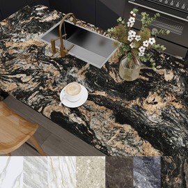 PHINILUX Marble Contact Paper for Countertops Cover - 12"x197" Matte Black Gold Peel and Stick Wallpaper - Removable Self Adhesive Thick Granite Vinyl Film Roll