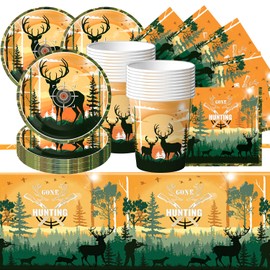 Hunting Camouflage Theme Party Tableware, Party Tableware Including Plates, Cups, Napkins, Tablecloths Total 61 Pieces, Suitable for a Party of 20 People