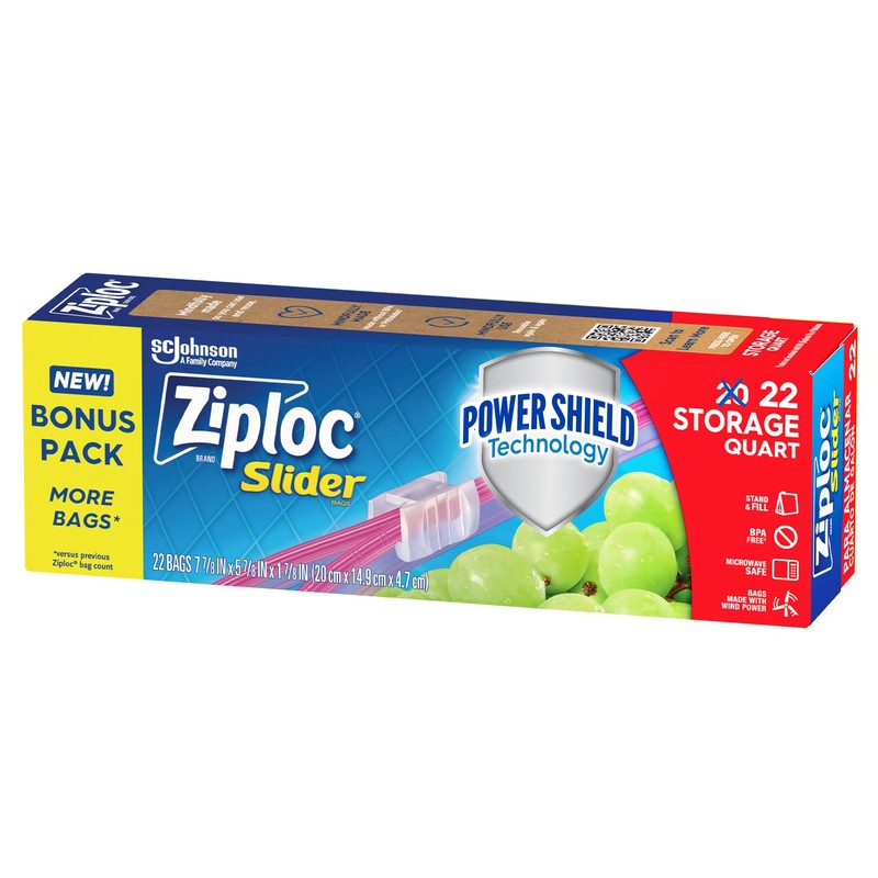 Ziploc Quart Food Storage Slider Bags, Durable, 22 Count