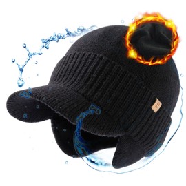 TOP-EX Waterproof 80% Merino Wool Peaked Beanie Hats Men with Ear Flaps Ladies Winter Hats with Brim Warm Fleece Lined Womens Newsboy Baker Boy Caps for Golf Running Black M/L