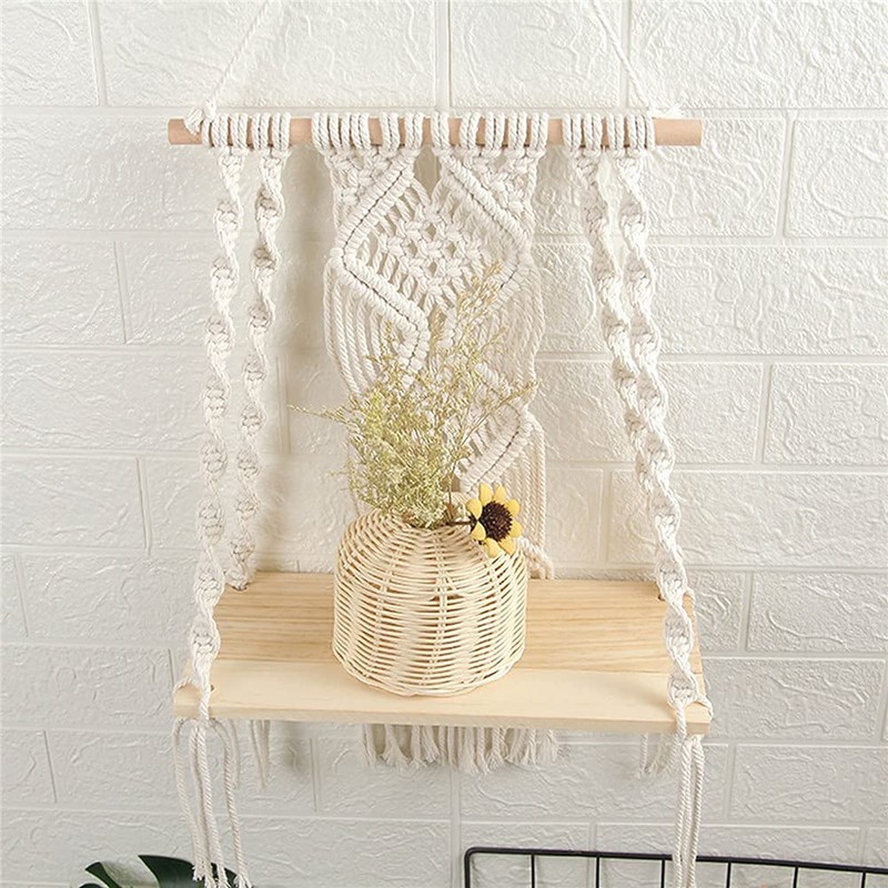 Macrame Wall Hanging Plant Decor Shelf Indoor Outdoor Floating Wood