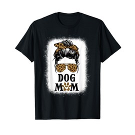 Fun Dog Mom Leopard Paw Print Dog Lover Owner Messy Bun Mama T-Shirt