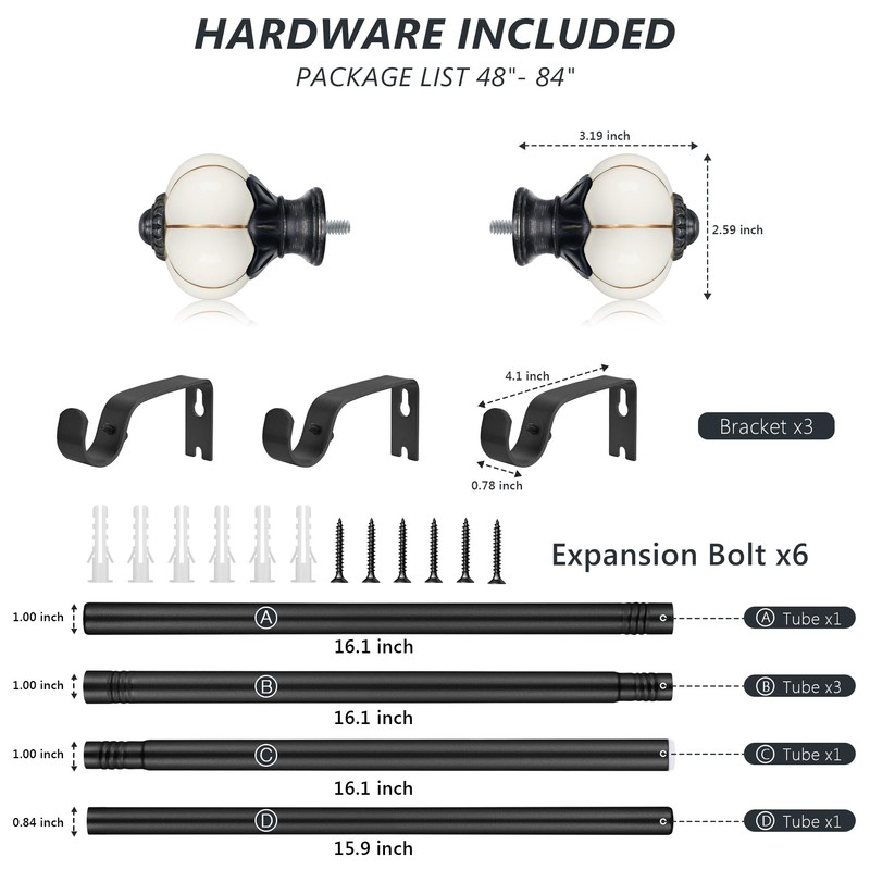 Ceramic Curtain Rods for Windows 48 to 84 Inch,1 Inch