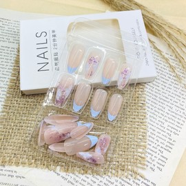 LWTZLW French Tip Press on Nails Medium Almond False Nails with White Flower Design Full Cover Glue on Nail Reusable Acrylic Fake Nails Glossy Artificial Stick on Nail for Women