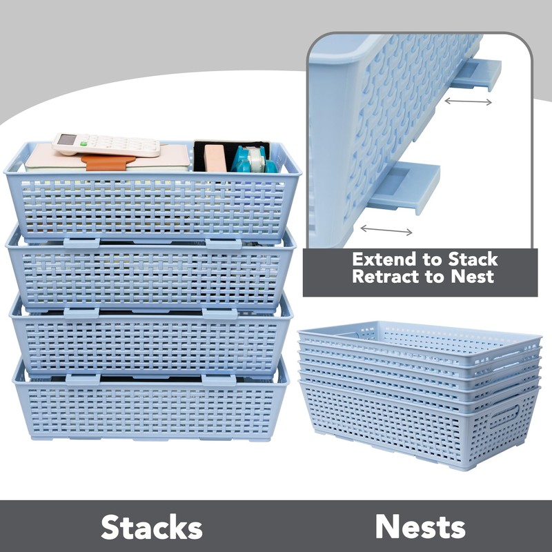 Stackable Woven Plastic Basket, Storage Bins for Cabinet, Closet, Shelf,