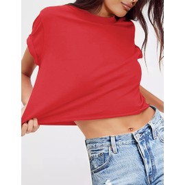 MEROKEETY Womens 2025 Summer Casual Crew Neck Short Sleeve Crop Tops Loose Athletic Tees, Red, S