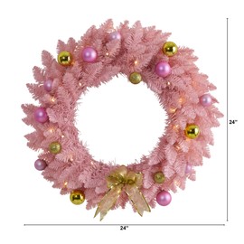 Nearly Natural 24in. Pink Artificial Christmas Wreath with 35 LED Lights and Ornaments