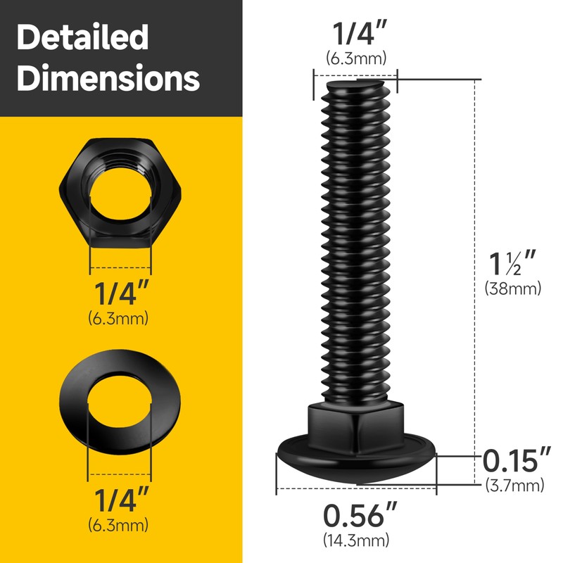 Mywish (20 Sets) 1/4-20 x 1-1/2 Carriage Bolts Screws Round