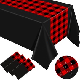 Oudain 12 Pcs Christmas Plaid Disposable Plastic Tablecloth with Table Runner Design 108 x 54'' Party Buffalo Plaid Table Cloth Rectangle for Birthday Wedding (Black Red)