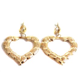Clip-on Earrings Gold Tone Heart Bamboo Hoop Earrings 2 inch Retro Earrings