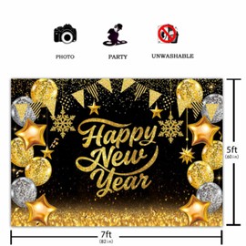 Allenjoy Happy New Year Backdrop Hello 2024 Photography Background Black and Gold Glitter Bokeh New Year's Eve Party Decor Banner Photo Booth Studio Party Supplies Gift Ideas