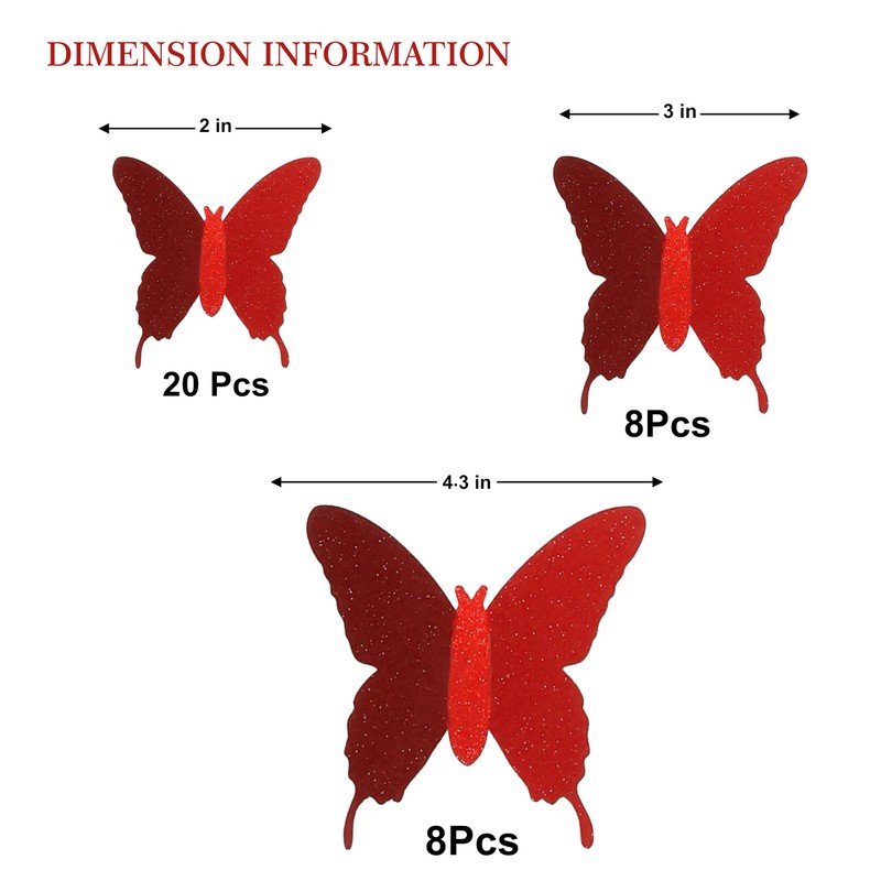 Glitter 3D Butterfly Wall Stickers (36 pcs)– Red Sparkle Butterfly