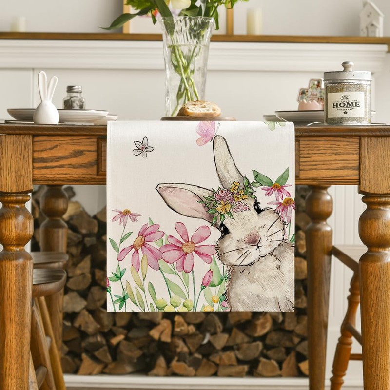 Artoid Mode Flowers Leaves Rabbit Butterflies Easter Table Runner, Seasonal