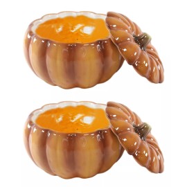 Ebros Home And Kitchen Orange Ceramic Pumpkin Soup Or Dessert Bowl Set Of 2