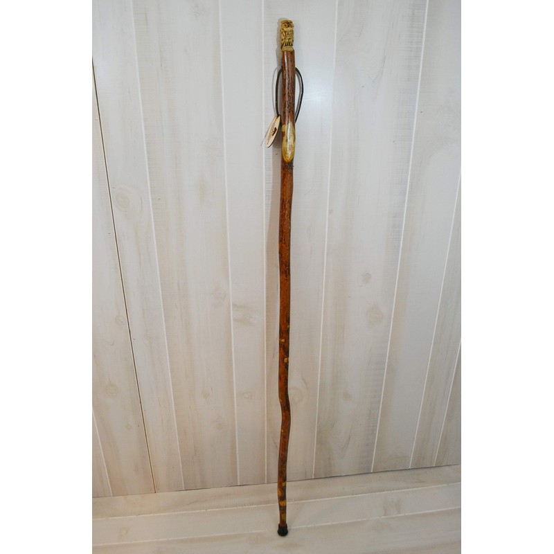 Dark wood Walking Stick with Owl Carving, Hand-Carved - Up