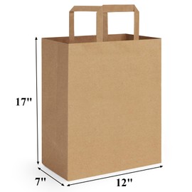 BagDream 12x7x17 50Pcs Large Paper Grocery Bags with Handles Kraft Brown Paper Grocery Gift Bags, Shopping Retail Merchandise Bags, Flat Handles Recycled Takeout/To Go Bags Paper Barrel Sack Bags