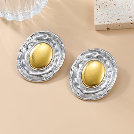 Vintage Silver & Gold Oval Statement Earrings for Women 18K gold plated – Bold Textured Metal Stud Earrings – Unique Retro Jewelry for Elegant & Casual Wear