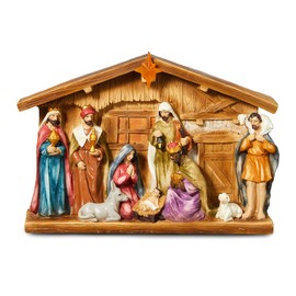 Glitzhome Lighted Resin Nativity Figurines House Countertop Christmas Ornaments Nativity Scene Figure Tabletop Crafts Statue Miniatures Xmas Collectibles Baby Jesus Gifts for Home Shelf Decor 12.5"