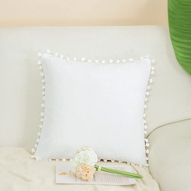 PiccoCasa Velvet Pillow Covers, 1PCS Pom Pom Christmas Throw Pillow Cover, Square Solid Soft Cushion Covers for Sofa Couch Bedroom Car Snow White 16inx16in