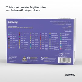 Hemway Craft Glitter Tube Box (54 Pack) | Extra Fine Metallic Flakes Shaker Set for Resin & Epoxy Crafts | Assorted Colour Craft Supplies for Festival, Hair, Face, Body, Eye & Nail Art