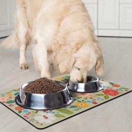 Dog Food Mats for Floors, Absorbent and Quick-Drying Pet Cat Food Mat,Anti-Fouling and Easy-to-Clean Pet Feeding Mat,Dog Bowl Mat for Messy Drinking Water Bowls.12 x20,Floral Green