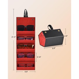 CO-Z Travel Sunglasses Organizer, Foldable Travel Sunglass Case with 5 Slots for Multiple Pairs, Portable Eyeglasses Holder Glasses Storage Box for Women Men Home Display Travel, Black & Red