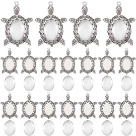 SOFPLATE 1 Box 20 Sets Cabochon Bezel Tray Cabochon Bezel Setting with Oval Cabochons Summer Alloy Antique Silver Blank Ocean Turtle Animal Pendant Setting for Jewelry Making Charms Necklace DIY Craft