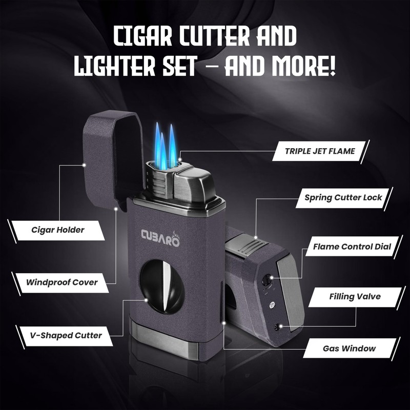 CUBARO Cigar Lighter with V Cutter – Triple Jet Torch