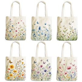 6 Pcs Aesthetic Flower Butterfly Gifts Plant Lover Gifts for Women Her Mom Friends Girls Canvas Tote Bag, Reusable Grocery Bags with Inner Pocket for Shopping, Beach Christmas Birthday Thanksgiving