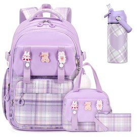 DIGOBAY Girls Backpack - Includes 14oz Insulated Water Bottle, Girls School Backpack Set with Lunch Bag & Pencil Case Teens for School (Purple)